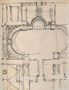 Mimariye İlişkin Çizimler ve Çeşitli Baskılar içeren bir Karalama Defterinden Sayfa, Int..., yakl. 1800-1850. Yaratıcılar: Charles Percier Atölyesi, Pierre François Léonard Fontaine Atölyesi. by Workshop of Charles Percier, Workshop of Pierre