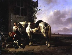 Genç kız, oğlan, köpek, at ile bir hanın dış