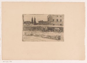 Binalar ve iş yerinde bir figür ile manzara by Xavier Mellery (attributed to)