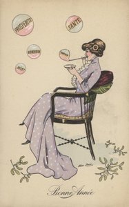 Güzel kız, refah, sağlık, mutluluk, umut ve neşe de dahil olmak üzere baloncuklar üfleme by Xavier Sager