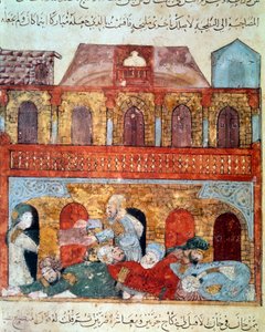 Gezici gezgin Ebu-Zeyd (Ebu Zeyd, Ebu Zeyd) ve uyuyan tüccarlar Minyatür, Ebu Muhammed el-Kasim ibn Ali Hariri (veya Al-Hariri veya Al Hariri) tarafından “Maqamat”tan (Seanslar) alınmıştır (1054-1122). Yahya Mahmud el-Vasiti (el-Vasiti) tarafından aydınlat by Yahya ibn Mahmud Al Wasiti