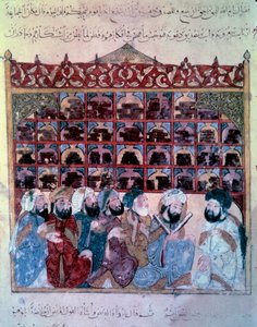 Gezici gezgin Ebu-Zayd (Ebu Zeyd, Ebu Zeyd), Basra Minyatür kütüphanesinde Ebu Muhammed el-Kasim ibn Ali Hariri (veya Al-Hariri veya Al Hariri) tarafından “Maqamat”tan (Seanslar) bir konuşma yapıyor (1054- 1122, Yahya Mahmud el-Vasiti (el Wasit) tarafından by Yahya ibn Mahmud Al Wasiti