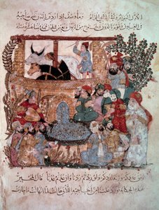 Gezici gezgin Ebu-Zeyd (Ebu Zeyd, Ebu Zeyd), Ebu Muhammed el-Kasim ibn Ali Hariri (veya Al-Hariri veya Al Hariri) tarafından “Maqamat” (Seanslar) dan Minyatür dinleyicilerinin önünde (1054-1122) 1237 yılında Yahya Mahmud el-Vasiti (el-Vasiti) tarafından ay by Yahya ibn Mahmud Al Wasiti