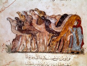 Bir grup deve ve deve, çölde kervan. “Maqamat” (Seanslar) sayfası, Arap şair Ebu Muhammed el-Kasim ibn Ali Hariri