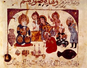 Abou-Zayd, Hanah meyhanesinde, "Maqamat"tan (Deyişler) minyatür, ms. 3929, fol. 34v by Yahya ibn Mahmud Al Wasiti
