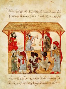 Ms. Ar 5847 f.105, Bir Köle Pazarı, "El Makamat"tan by Yahya ibn Mahmud Al Wasiti