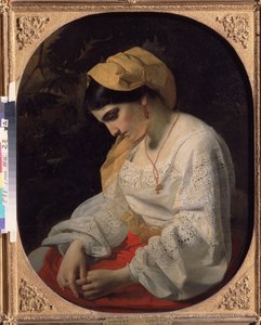 Genç bir gelin (Bir Gelin). Teslim olmuş bir ifadeyle üzgün genç bir kadının profil portresi. Yakov Fyodorovich Kapkov (1816-1854), tuval üzerine yağlı boya tablosu by Yakov Fyodorovich Kapkov
