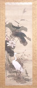Lotus ve Karlı Balıkçıl (mürekkep, renkli, ipek)