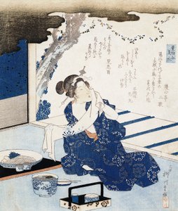 Nezaket giyen yukata (mavi ve beyaz pamuklu kimono), duvar paneli şiirle süslenmiştir by Yanagawa II Shigenobu