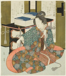 "Katsushika Kulübü İçin Yedili Set" serisinden Tekerlekli Kitap Kasasının İpini Çeken Bir Kadın by Yashima Gakutei