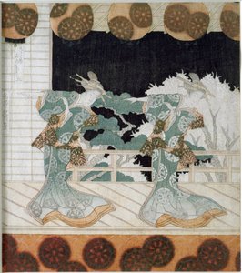 Bir sahnede geleneksel kostümlü dansçılar Yashima Gakutei (1786-1868) 1822 Özel koleksiyon Japon baskısı “Surimono” by Yashima Gakutei