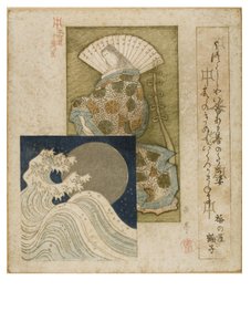 Honcho şiir çemberi serisinden büyük bir yelpaze ve gümüş ay ve dalgalar ile Heian Era Court Lady, c.1815-1825 (kağıt üzerinde tahta blok) by Yashima Gakutei