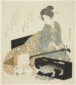 Shamisen ve kedi olan kadın by Yashima Gakutei
