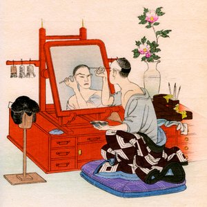 Geleneksel Japon tiyatrosu: Bir aktör soyunma odasında makyaj yapıyor by Yoshimune Arai