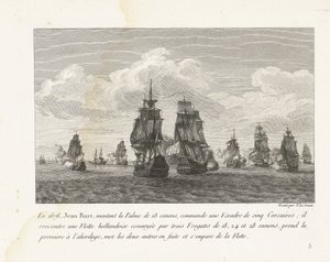 Jan Bart valt, zijn eskader een Hollandse vloot aan ile tanıştı, 1676 1676'da, 18 silahlı Palme'ye binen Jean Bart, beş Corsairs filosuna komuta etti (...) (nesne üzerinde başlık) Jean-Bart'ın savaşlarının derlenmesi, Louis XIV altında baş d