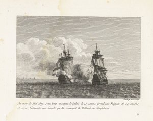 Jan Bart, Hollands fregat, 1677 Mayıs 1677'de, Jean-Bart, 18 silahlı Palme'ye bindi, Hollanda'dan İngiltere'ye konvoy yaptığı 24 silah ve on altı ticari gemiden oluşan bir Fırkateyn aldı (nesne üzerinde başlık) Jea'nın Recueil des muhar by Yves Marie Le Gouaz