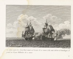Jan Bart verovert een Hollands fregat bij Duinkerke, 1675 Aynı yıl, 1675, Jean-Bart 10 silahlı bir Corsair monte etti; Dunkirk Limanı