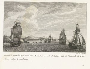 Jan Bart voor de Engelse kust bij Newcastle, 1692 Kasım 1692'de Jean-Bart, Newcastle yakınlarında İngiltere kıyılarına iner ve burada birkaç köyü katkıya koyar (nesne üzerine başlık) Kanat şefi Jean-Bart'ın dövüşlerinin derlemesi böyle