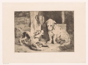 Bir fener ve yemek tabağının yanında iki köpek by Zacharie Noterman