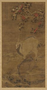 Bir geyik, bir geyik ve karda kırmızı kamelyalar by Zhou Yuan