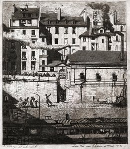 Paris rıhtımlarına polis müdahalesiyle olay yeri. 1860 dolaylarında (Gravür) by . .