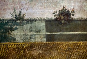 Çiçek vazosu, meyve ağaçları ve kuşlarla dolu bir bahçeyi betimleyen bir freskten detay, Palatine tepesindeki Livia Evi, Roma, İtalya. Roma uygarlığı by Georg Carl Heinrich Dollmann