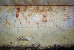 Dansçılar ve müzisyenler ile cenaze alayı, fresk, Mavi Şeytanların Mezarı, Tarquinia Nekropolü (UNESCO Dünya Mirası Listesi, 2004), Lazio, İtalya Etrüsk uygarlığı, MÖ 5. yüzyıl by Georg Carl Heinrich Dollmann