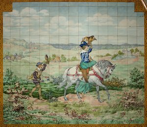 İç görünüm, karo panel, ressam Furcy Ernest Tondeur, uygulayıcı Boch Frères La Louvière, ikinci panel, bir asilzade ve şahinli bir asilzade ile av sahnesi by . .