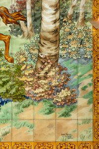 İç görünüm, karo panel, ressam Furcy Ernest Tondeur, uygulayıcı Boch Frères La Louvière, ilk panel, üç atlı ile av sahnesi, sağ alt detay, imzalı by . .