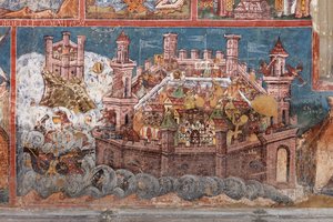 Manastır (manastirea Moldovita). Kilise. Dış. Güneş ışığı. Sol kısım. Duvar resmi. by . .