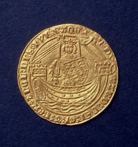 Noble of Edward III (1312-77) ön yüzünde kralı bir gemide gösteren Calais mint, giriş. 1344 (altın) (tersi için bakınız: 110161) by Hippolyte Lalaise Devéria