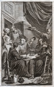 Manastır kurallarını ihlal eden keşişlerin bayramı. Şarap içerler, hizmetçilere kur yaparlar. 18. yüzyıl (Gravür) by . .