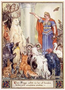 Sonra Frigga ona tüm hayvanları, kuşları ve zehirli yılanları çağırdı. by after Charles Edmund Brock