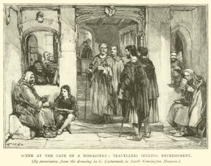 Bir manastırın kapısında manzara, ferahlık arayan gezginler by after George Cattermole