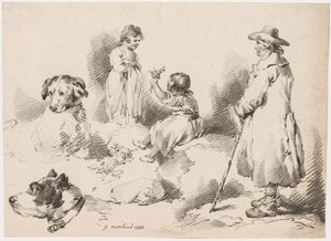 Çocuk Çalışmaları (İki Küçük Kız); İki köpek; Bir adam by after George Morland