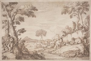 Ağacın Yanında Flüt Çalan Bir Çocukla Pastoral Bir Yolculuk by after Giovanni Benedetto Castiglione Gaetano Zompini
