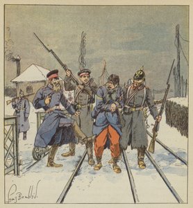 Yaralanan ve esir alınan Fourrier Papot, bir Prusyalı subay tarafından utanç verici bir şekilde dövülür. by after Louis Charles Bombled