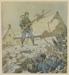 Çavuş Pitou, Courceboeufs barikatına korkusuzca tırmanırken, köyü almaya karar verir. by after Louis Charles Bombled