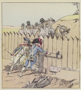 Saint-Georges garnizonundan bir çavuş, Avusturya süvari süvarilerini yeni paltolarından tanıyor by after Louis Charles Bombled