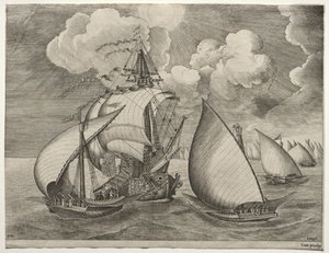 Yelkenli Gemiler: Bir Caravel'in Eskort Ettiği Bir Kadırga Filosu by after Pieter Bruegel