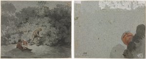 ibne toplayıcı (rekto) Aşağıdan görülen bir kafa çalışması (verso) by attributed to Francisque Millet
