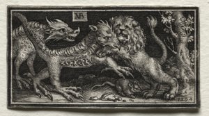 İki Canavarla Savaşan Aslan by attributed to Tobias Stimmer