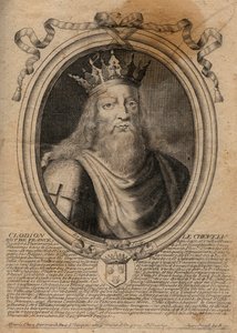 Clodion dit “” Le Chevelu”” (428-448), Merovingianların atası, Salians Frangı şefi - Clodion The Hairy (c.428-47) Salian Franks Kabilesinin Kralı - 'Les Augustes Representations'dan gravür de tous les Kings de France dan Pharamond t