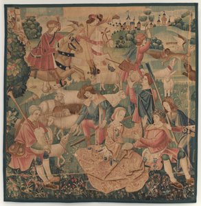 Av ve Pastoral Sahneler, bayanlar arasında çelenkli bir kahramanla by design probably French 16th Century, Paris; woven in southern Netherlands or Paris in an undetermine workshop