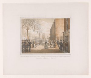 Koninklijke Leidsche Studenten Vereeniging'e pankart sunumu 8 Şubat 1867'de Profesörlerin kızları tarafından silah ticaretinde Gönüllü Tatbikat için Leidsche Studenten-Vereeniging'e bir pankart sunumu (nesne üzerinde başlık) by jonkheer Victor Eugène Louis de Stuers
