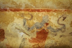 Yılanlı Mavi Şeytan, fresk, Mavi Şeytanların Mezarı, Tarquinia Nekropolü (UNESCO Dünya Mirası Listesi, 2004), Lazio, İtalya. Etrüsk uygarlığı, MÖ 5. yy (fotoğraf)