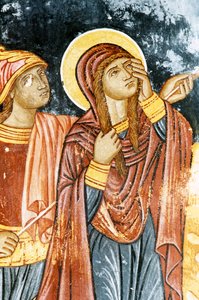 St Longinus ve Mary, Çarmıha Gerilme sahnesi, Mikro Sotiris manastırındaki fresk, Symi adası, Yunanistan (fotoğraf) by Theodore Charles Ange Coquelin