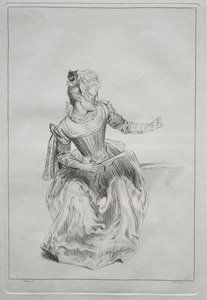 Bir yelpaze tutan kadın by possibly by Benoit II Audran