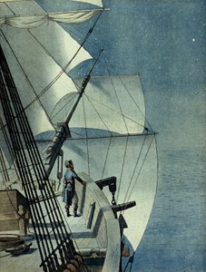 Mısır Seferi (Seferi) (1798-1801): İskenderiye'den Mısır'a “La Muiron” fırkateyninde dönüş, Napolyon I Bonaparte (1769-1821) teknenin köprüsünde tek başına geceleri Akdeniz'i düşünüyor by pseudonym for Onfray de Breville Jacques Job