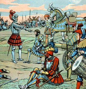 Fransız kralı 1. François, 14 Eylül'deki Marignan savaşından hemen sonra Bayard tarafından şövalye ilan edildi. by pseudonym for Onfray de Breville Jacques Job
